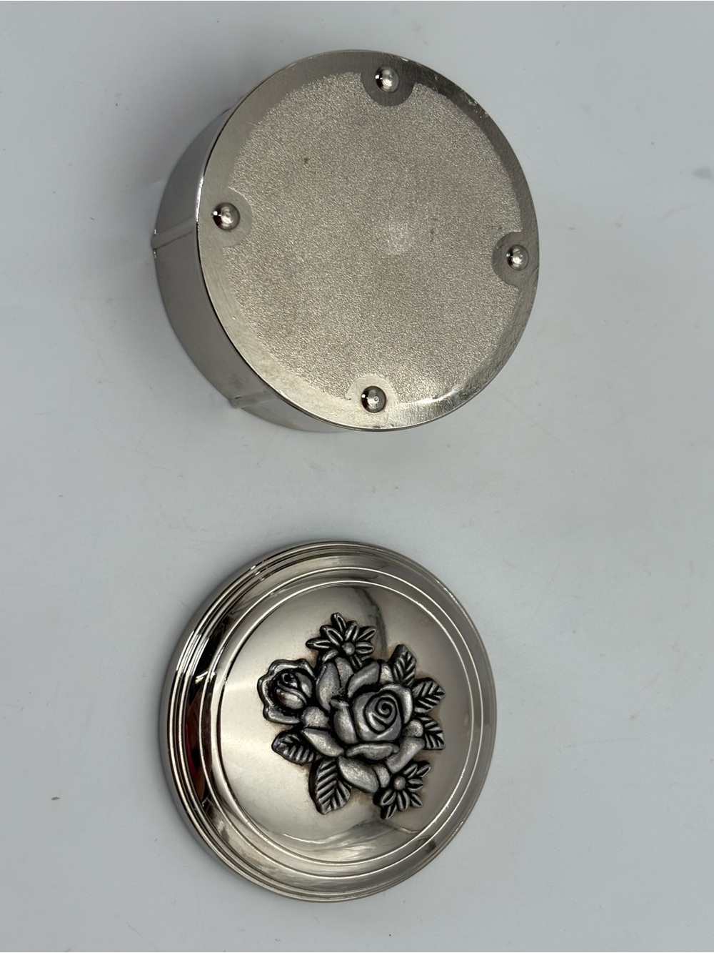 Vintage Silver-Plated Floral Round Box - Silver Rose Accent - Picture 5 of 11